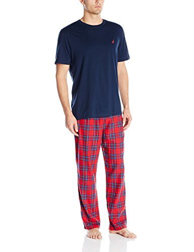 Nautica Men’s Pajama Set with Tee Shirt and Red Plaid Pant, Navy, Large